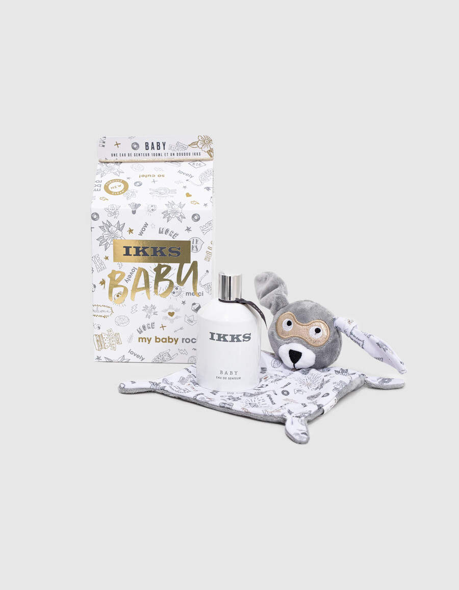 babyduft-geschenkset mit grau-weißem kuschelkissen 100 ml