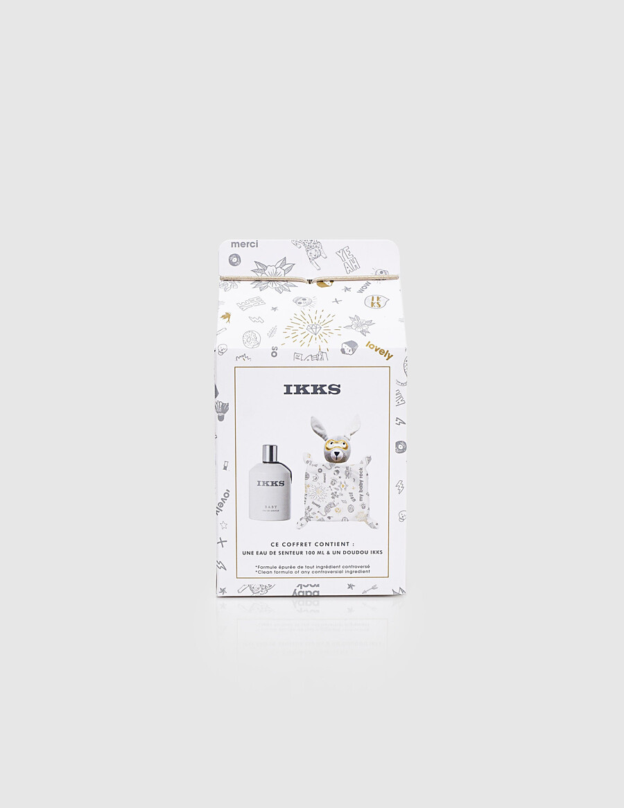 babyduft-geschenkset mit grau-weißem kuschelkissen 100 ml