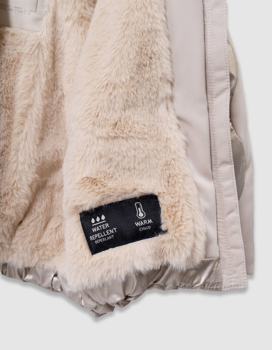 mädchen-steppjacke mit fellfutter in gold und beige