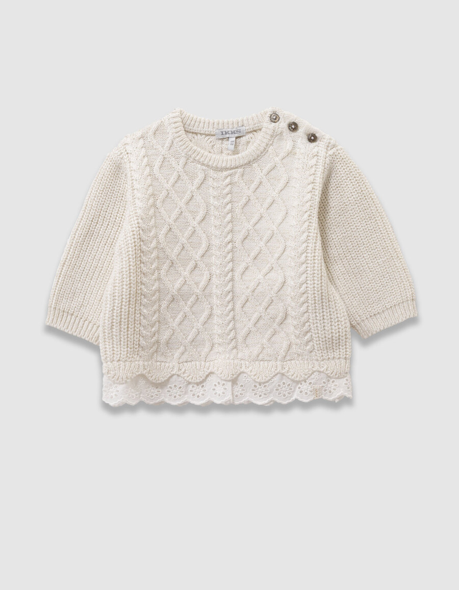 set aus ecrufarbenem strickpullover und bordeauxroten leggings für babys