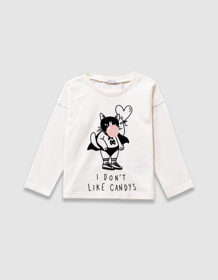 mädchen-langarmshirt in ecru mit superkatzenmotiv
