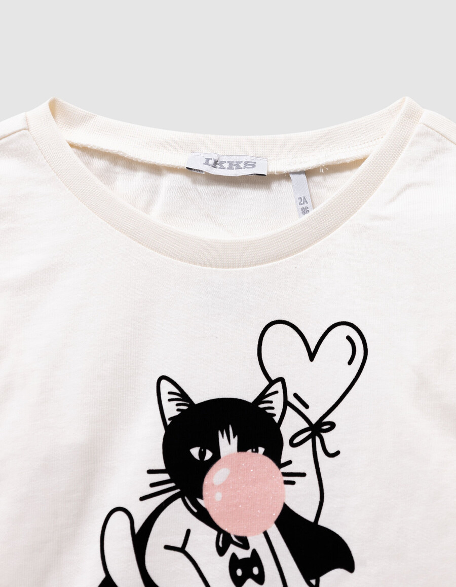 mädchen-langarmshirt in ecru mit superkatzenmotiv
