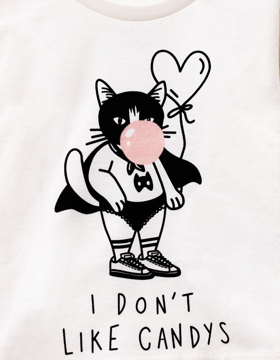 mädchen-langarmshirt in ecru mit superkatzenmotiv