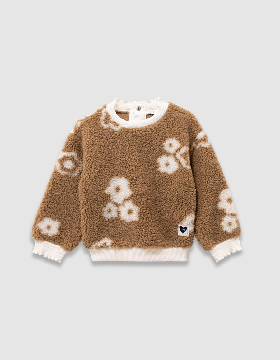 beiges sherpa-sweatshirt für mädchen mit blumenmuster