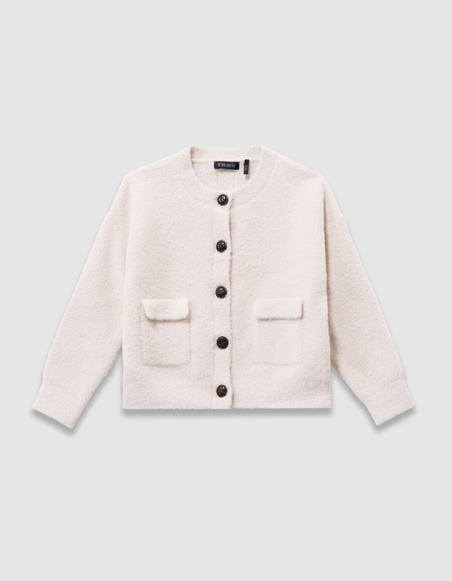 beigefarbene flauschige strickjacke mit knöpfen für mädchen