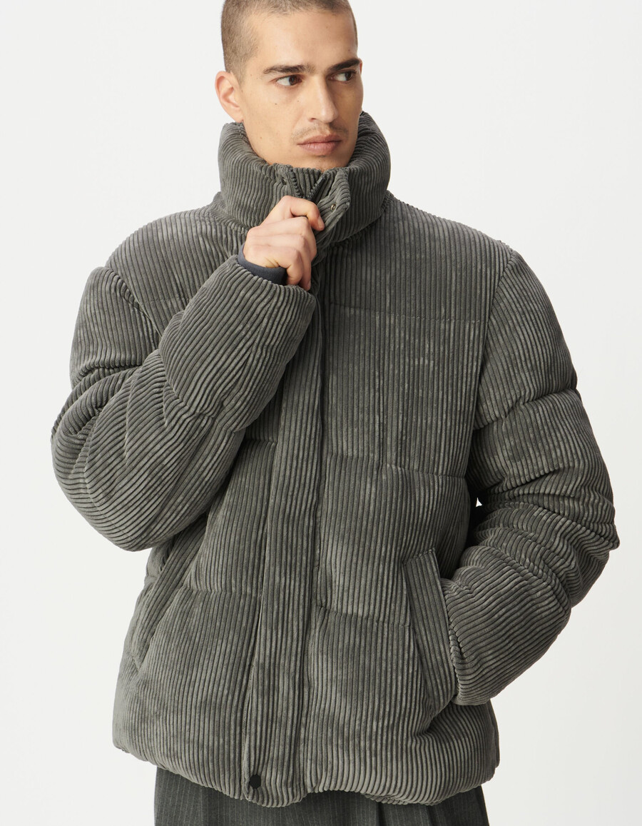 graue cord-steppjacke für herren mit abnehmbarer kapuze
