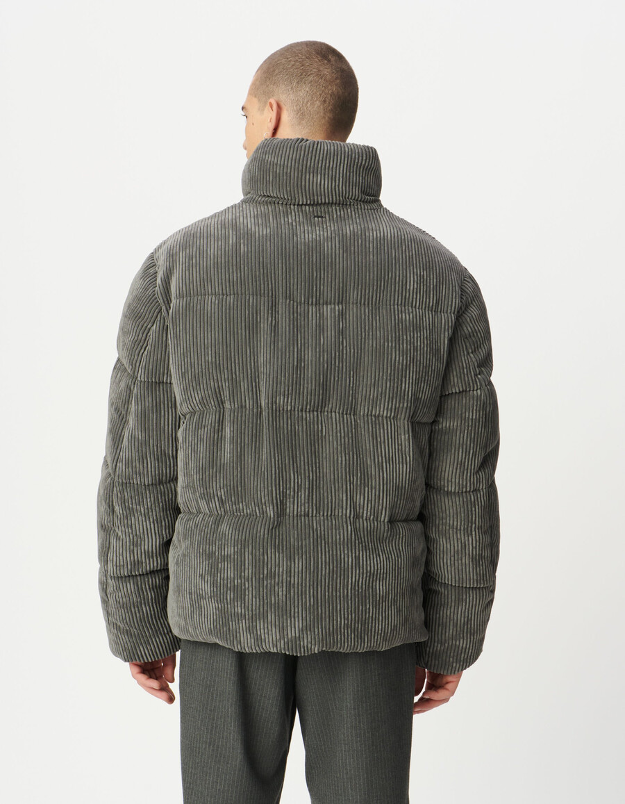 graue cord-steppjacke für herren mit abnehmbarer kapuze