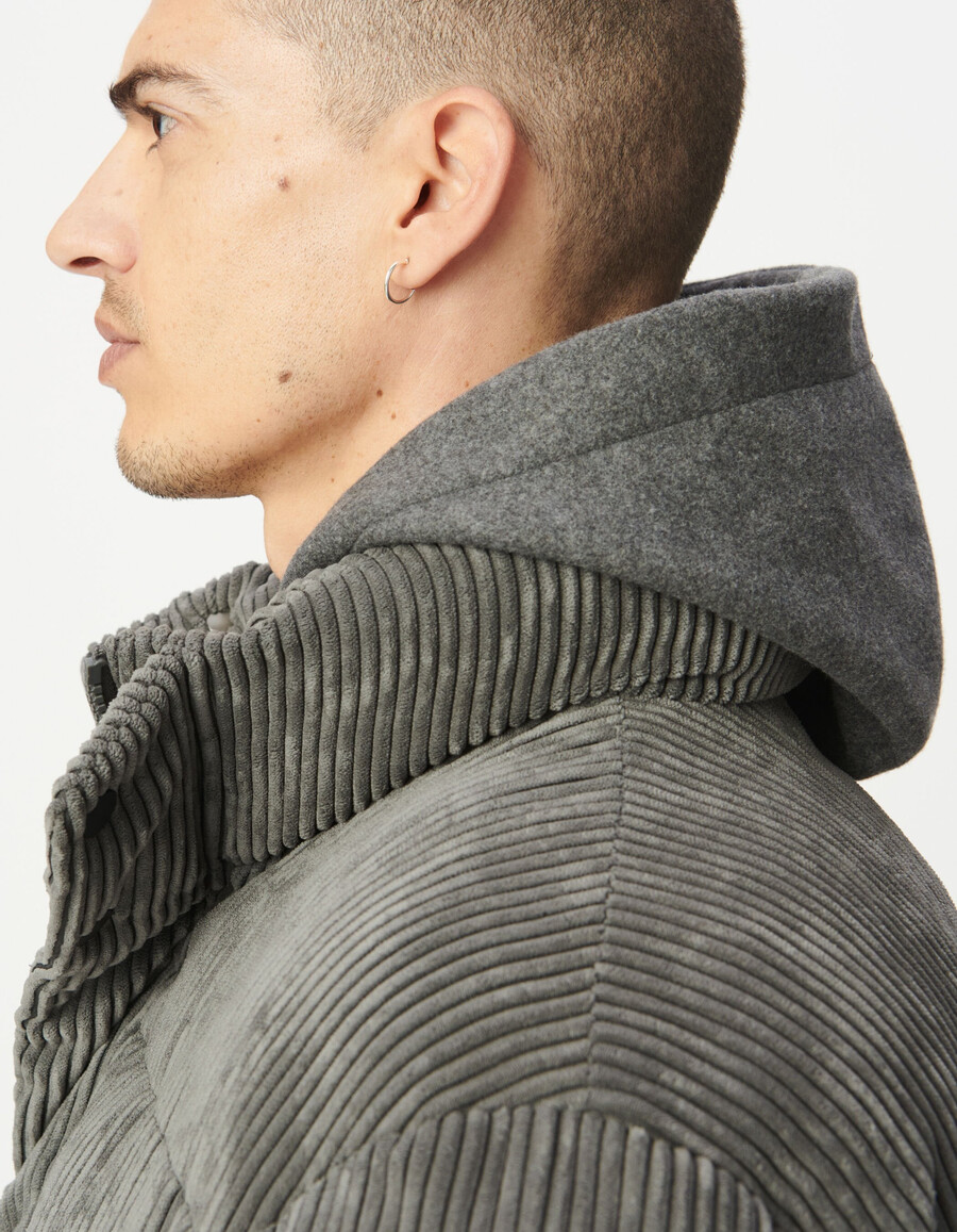 graue cord-steppjacke für herren mit abnehmbarer kapuze