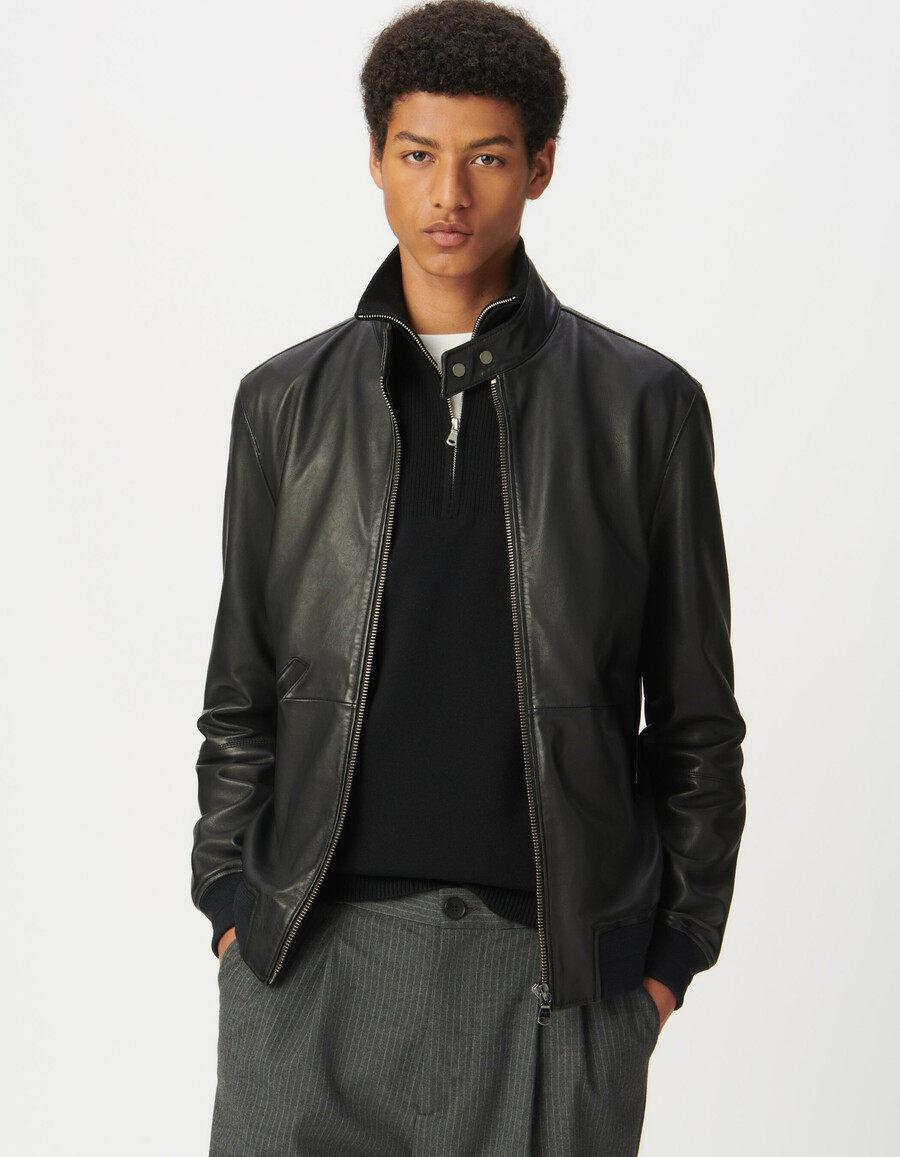 schwarze herren-lederjacke mit rippstrickbündchen