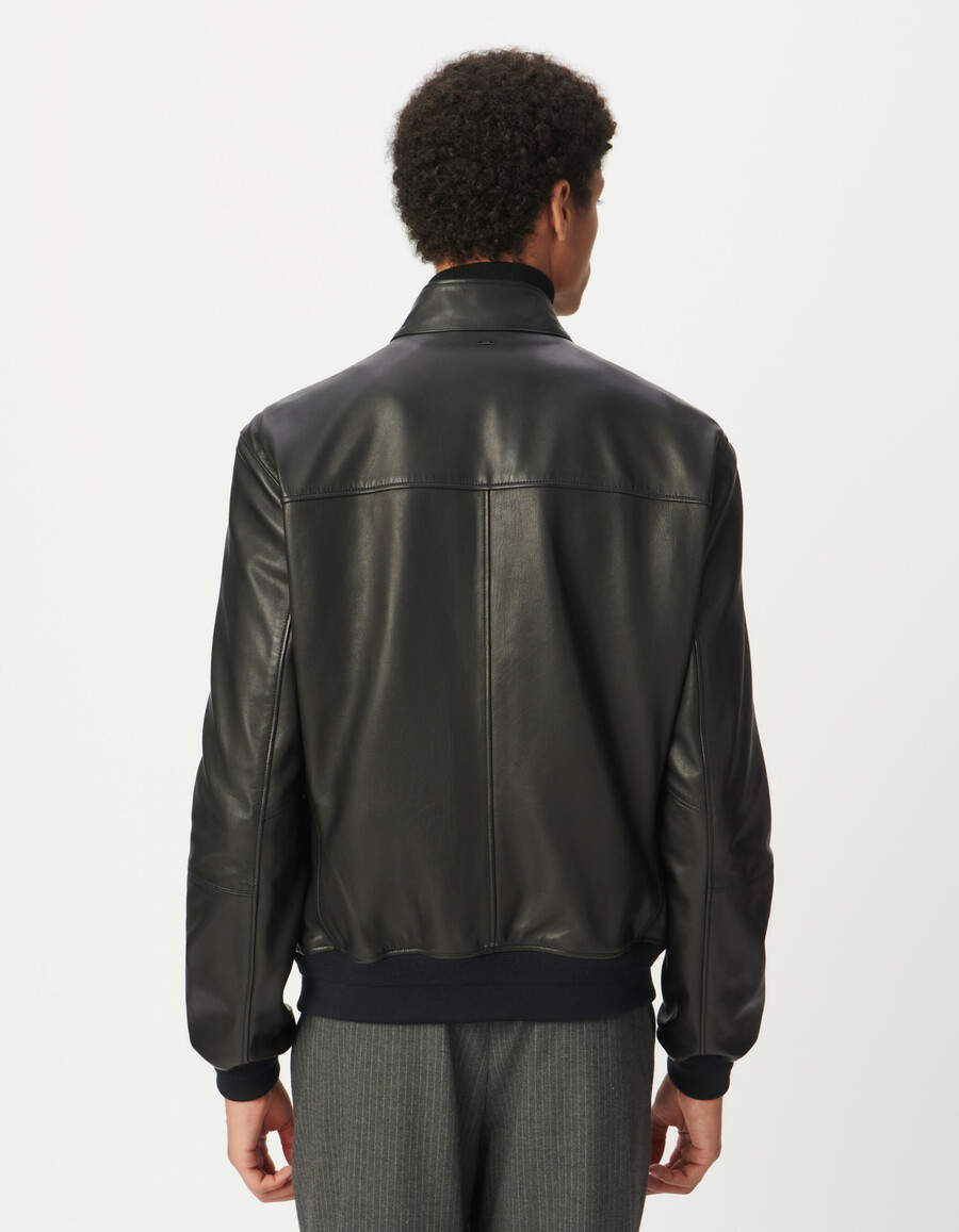 schwarze herren-lederjacke mit rippstrickbündchen