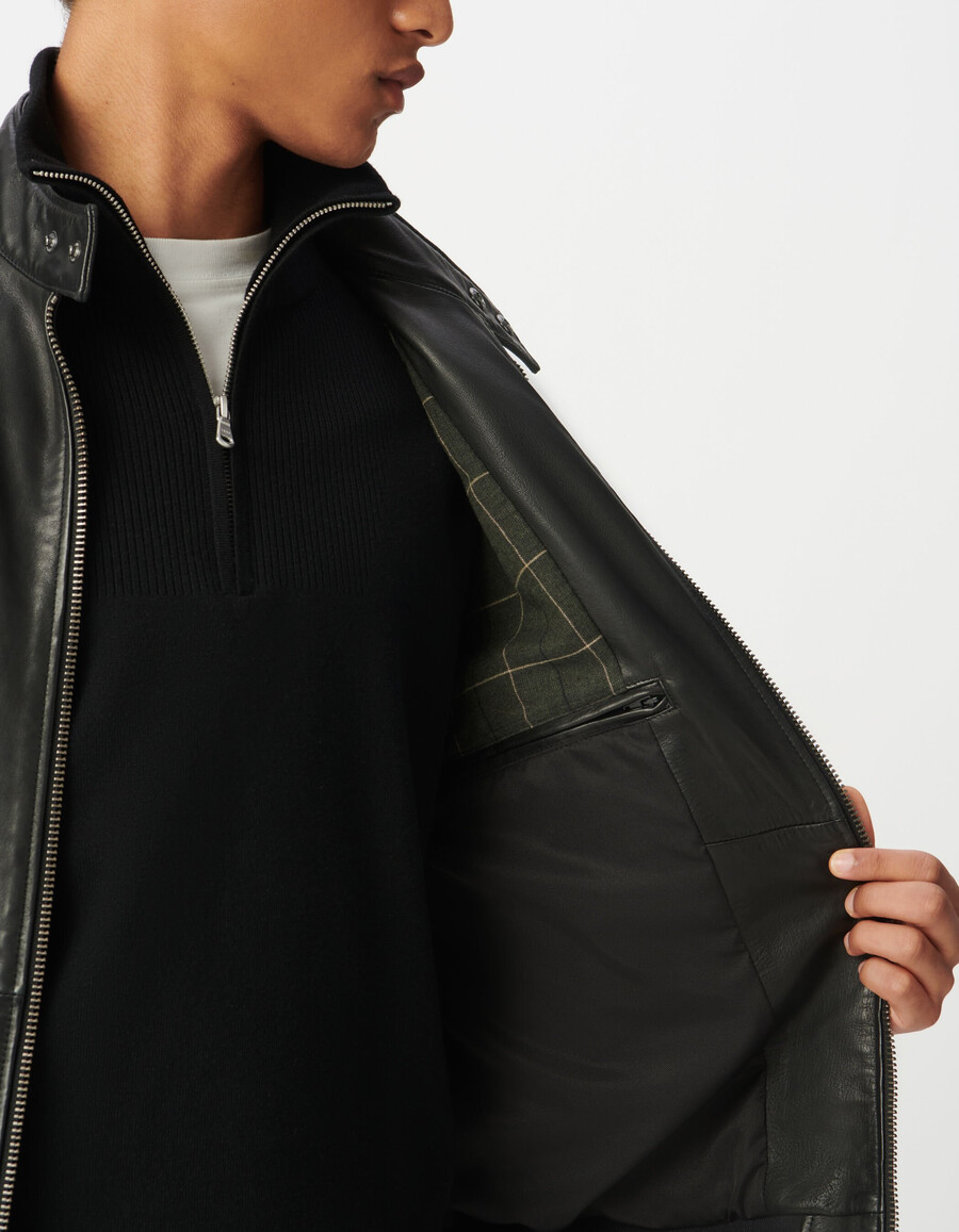 schwarze herren-lederjacke mit rippstrickbündchen