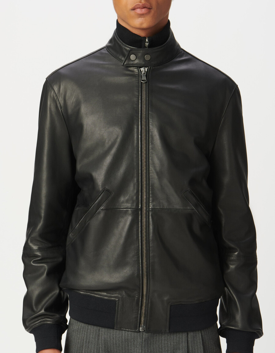 schwarze herren-lederjacke mit rippstrickbündchen
