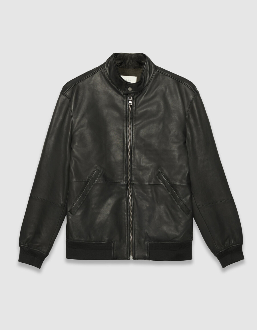 schwarze herren-lederjacke mit rippstrickbündchen