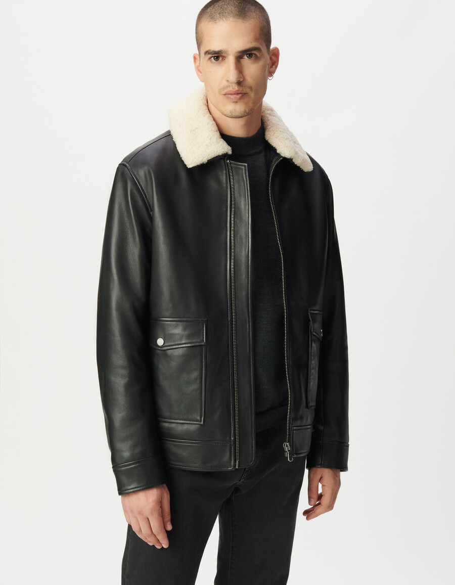 schwarze lederfliegerjacke für herren mit abnehmbarem sherpa-futter