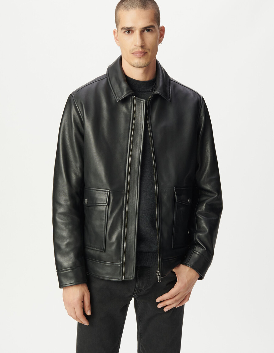 schwarze lederfliegerjacke für herren mit abnehmbarem sherpa-futter
