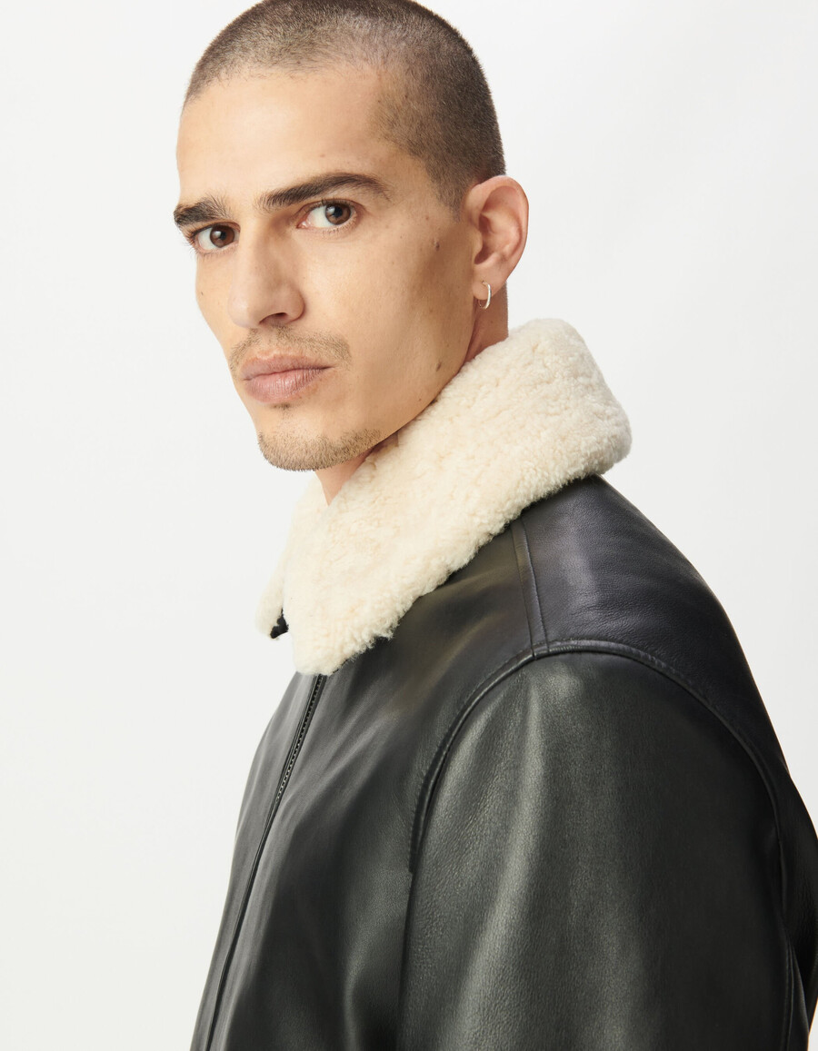 schwarze lederfliegerjacke für herren mit abnehmbarem sherpa-futter
