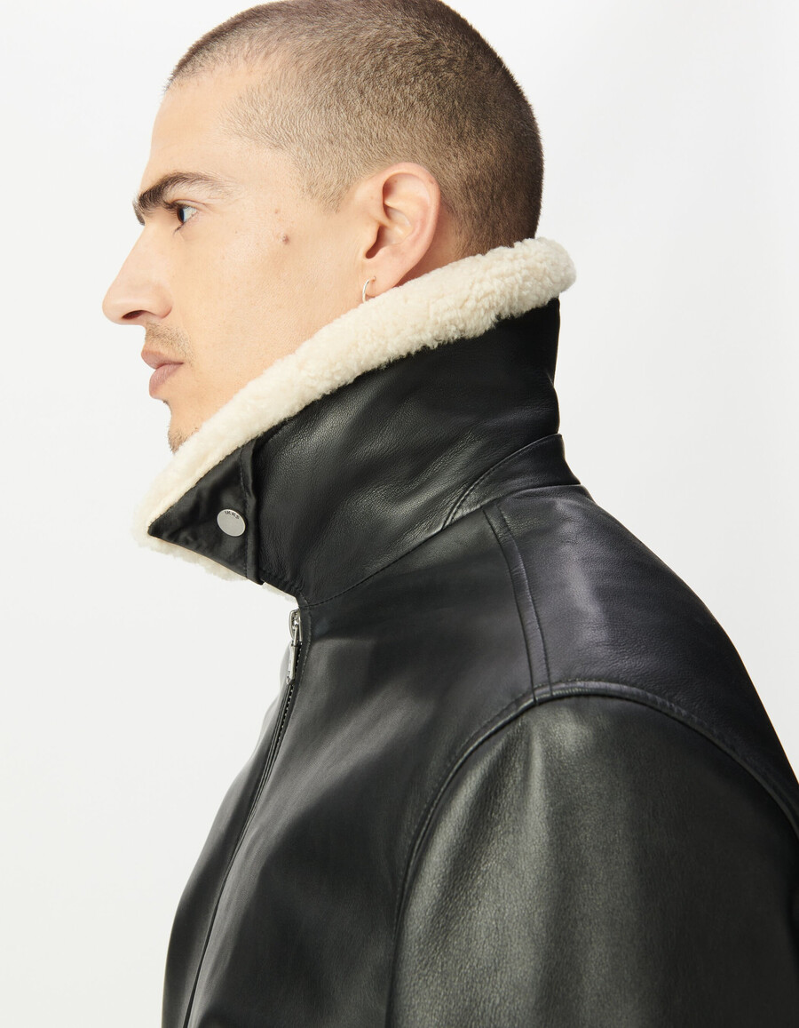 schwarze lederfliegerjacke für herren mit abnehmbarem sherpa-futter