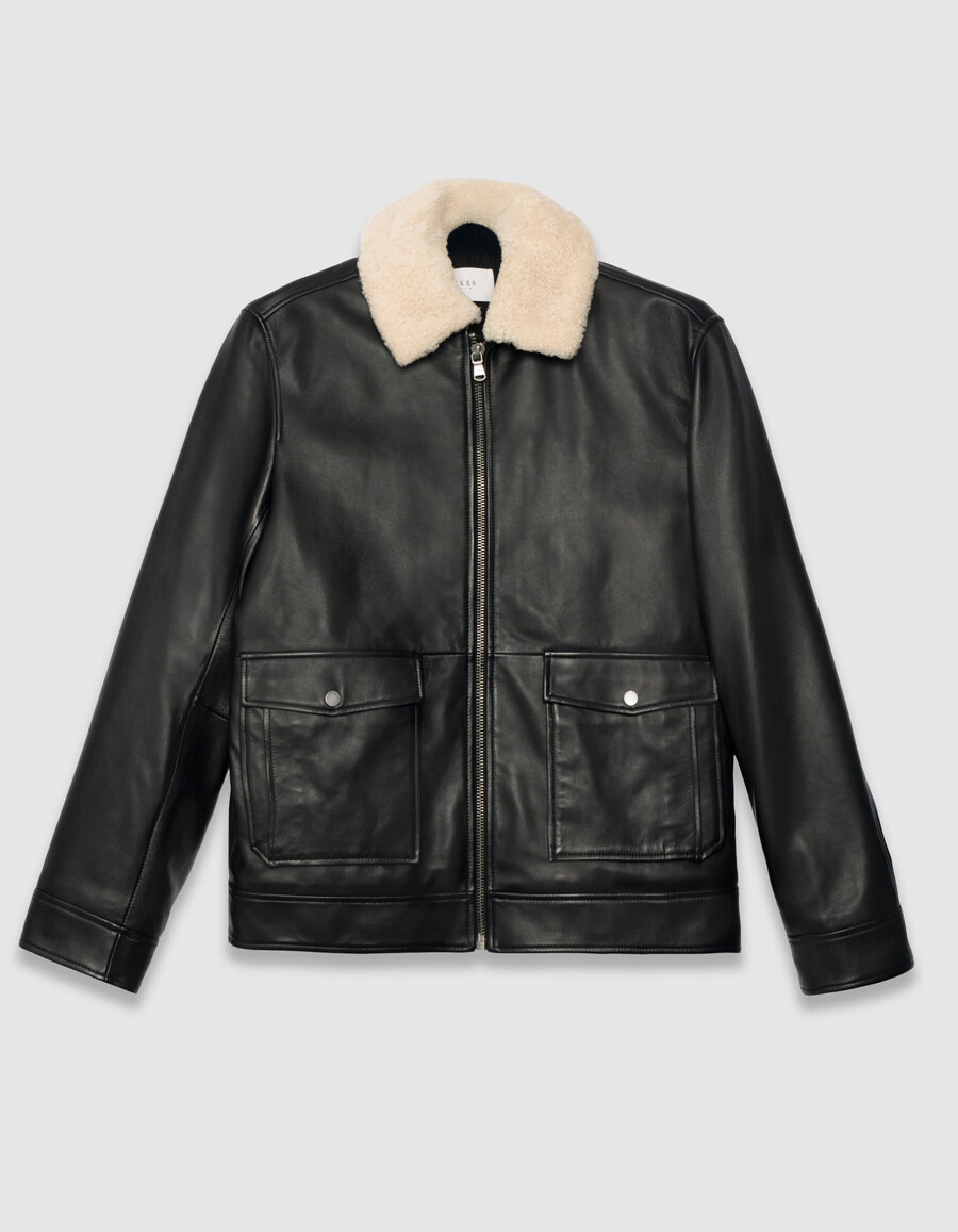 schwarze lederfliegerjacke für herren mit abnehmbarem sherpa-futter