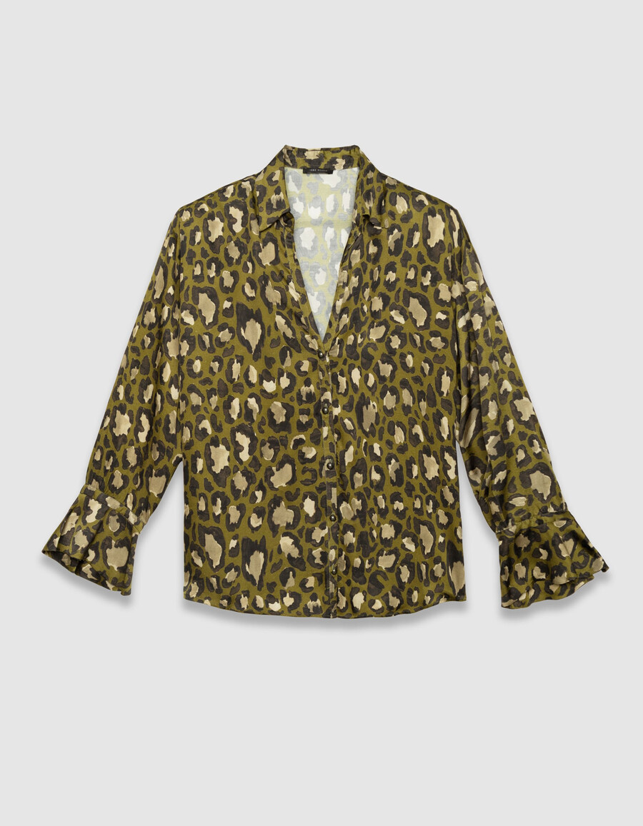 damen-langarmhemd in khaki mit leopardenmuster tachist-print