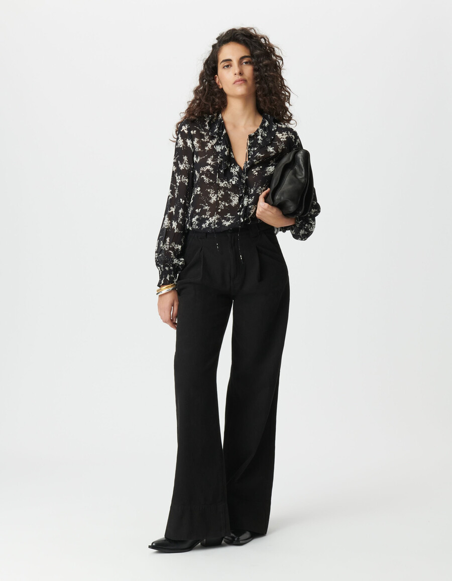 schwarzes voile-hemd für damen mit wildblumenmuster