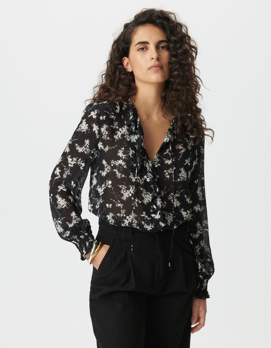 schwarzes voile-hemd für damen mit wildblumenmuster