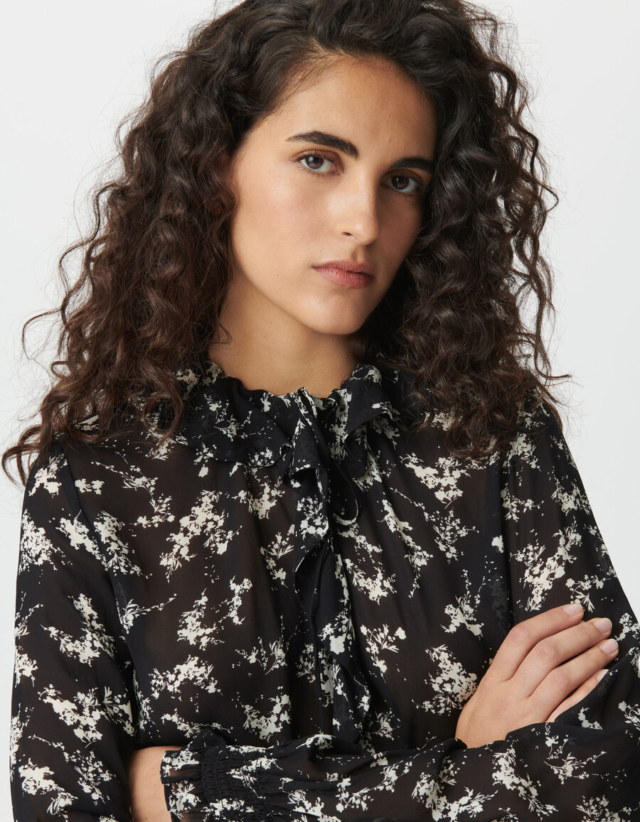 schwarzes voile-hemd für damen mit wildblumenmuster