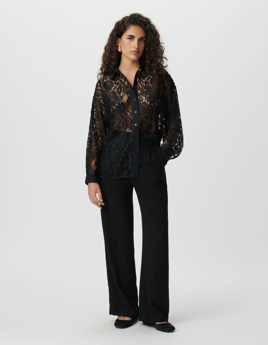 schwarzes übergroßes langarmshirt aus spitze für damen