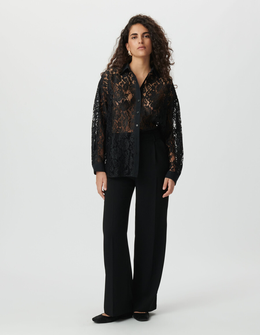 schwarzes übergroßes langarmshirt aus spitze für damen