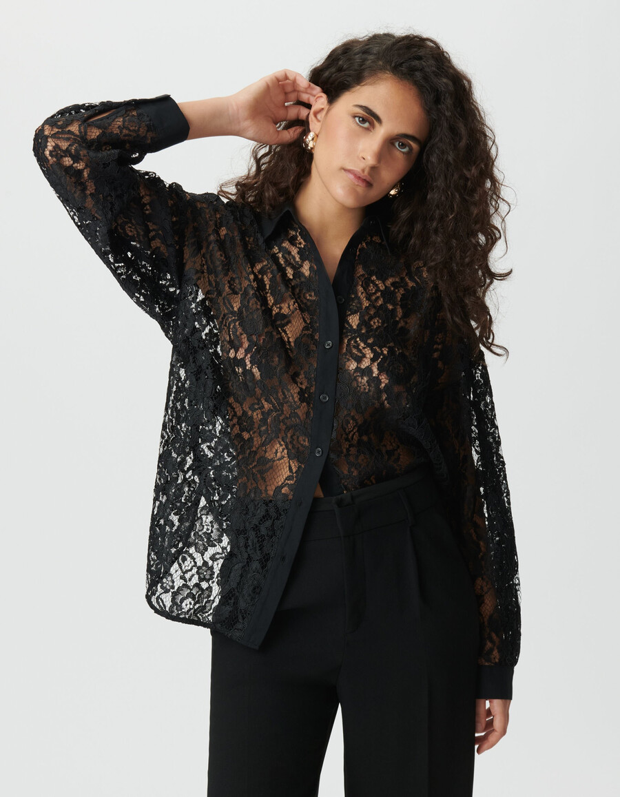 schwarzes übergroßes langarmshirt aus spitze für damen