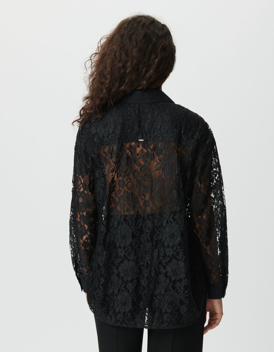 schwarzes übergroßes langarmshirt aus spitze für damen
