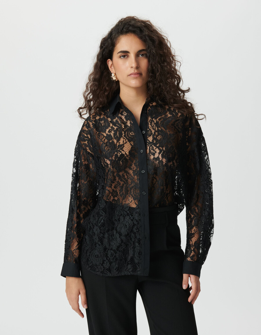 schwarzes übergroßes langarmshirt aus spitze für damen