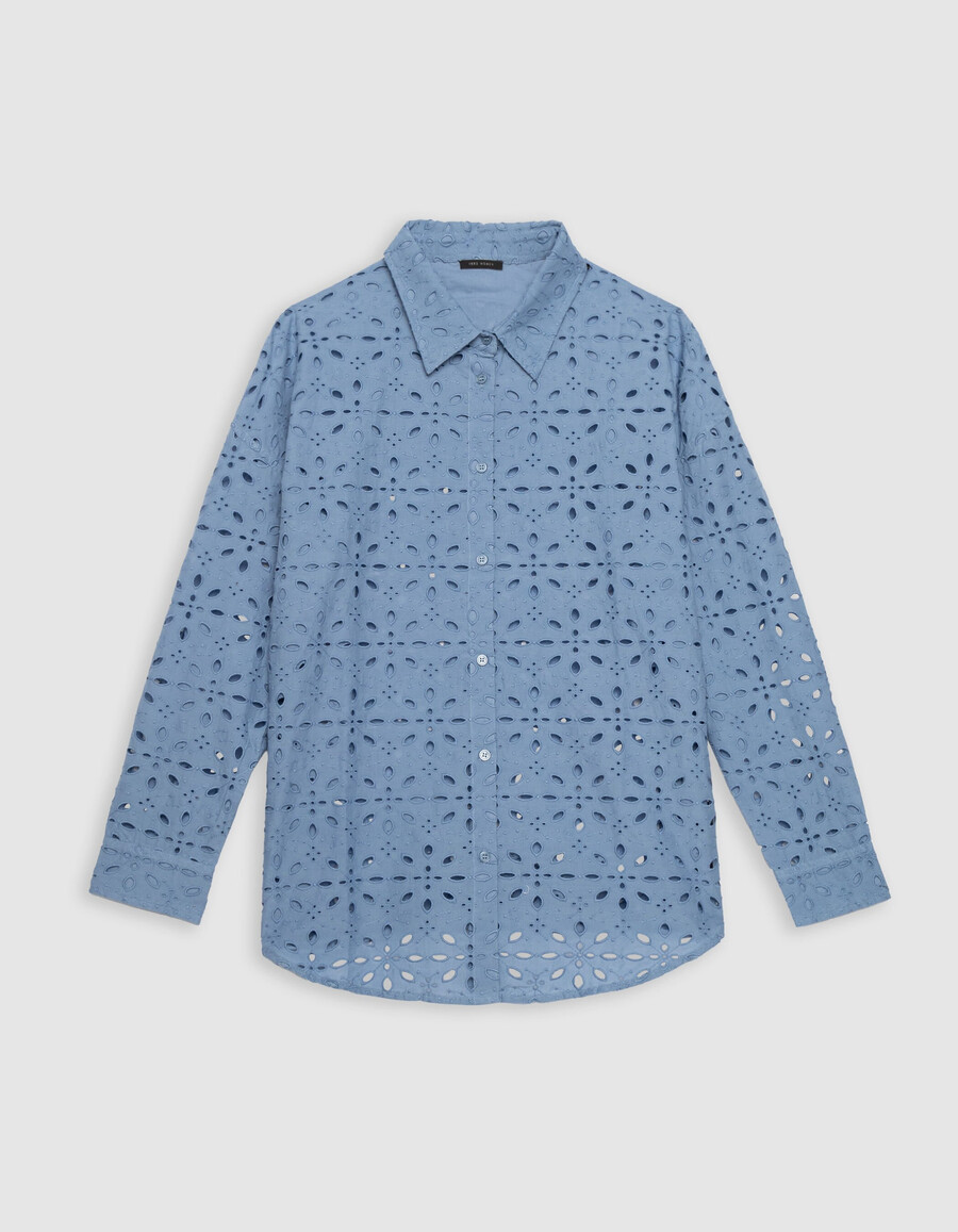 damen-langarmshirt mit blauer lochstickerei