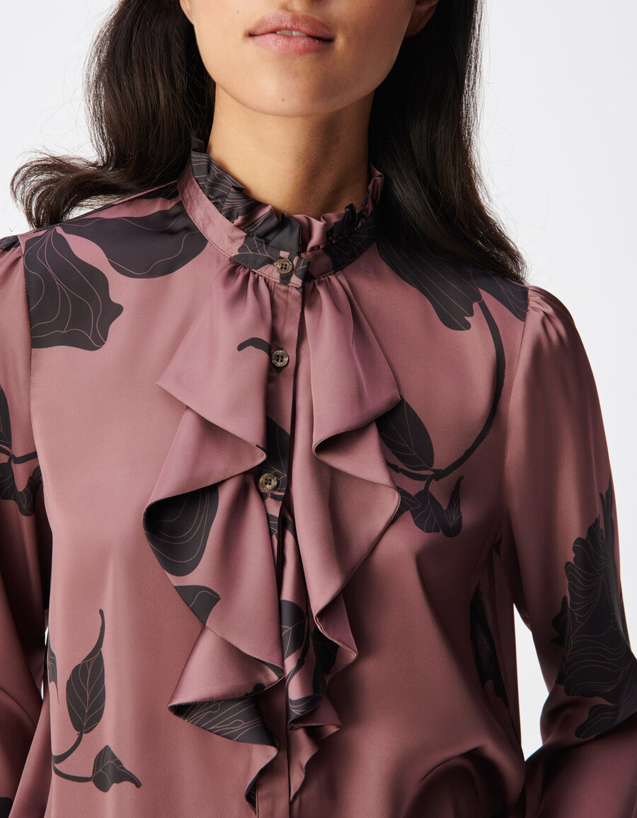 damen maxi-rüschenbluse mit burgunderfarbenem blumenmuster