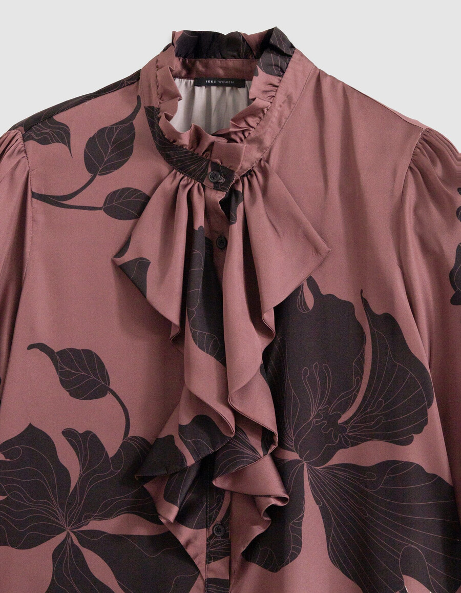 damen maxi-rüschenbluse mit burgunderfarbenem blumenmuster