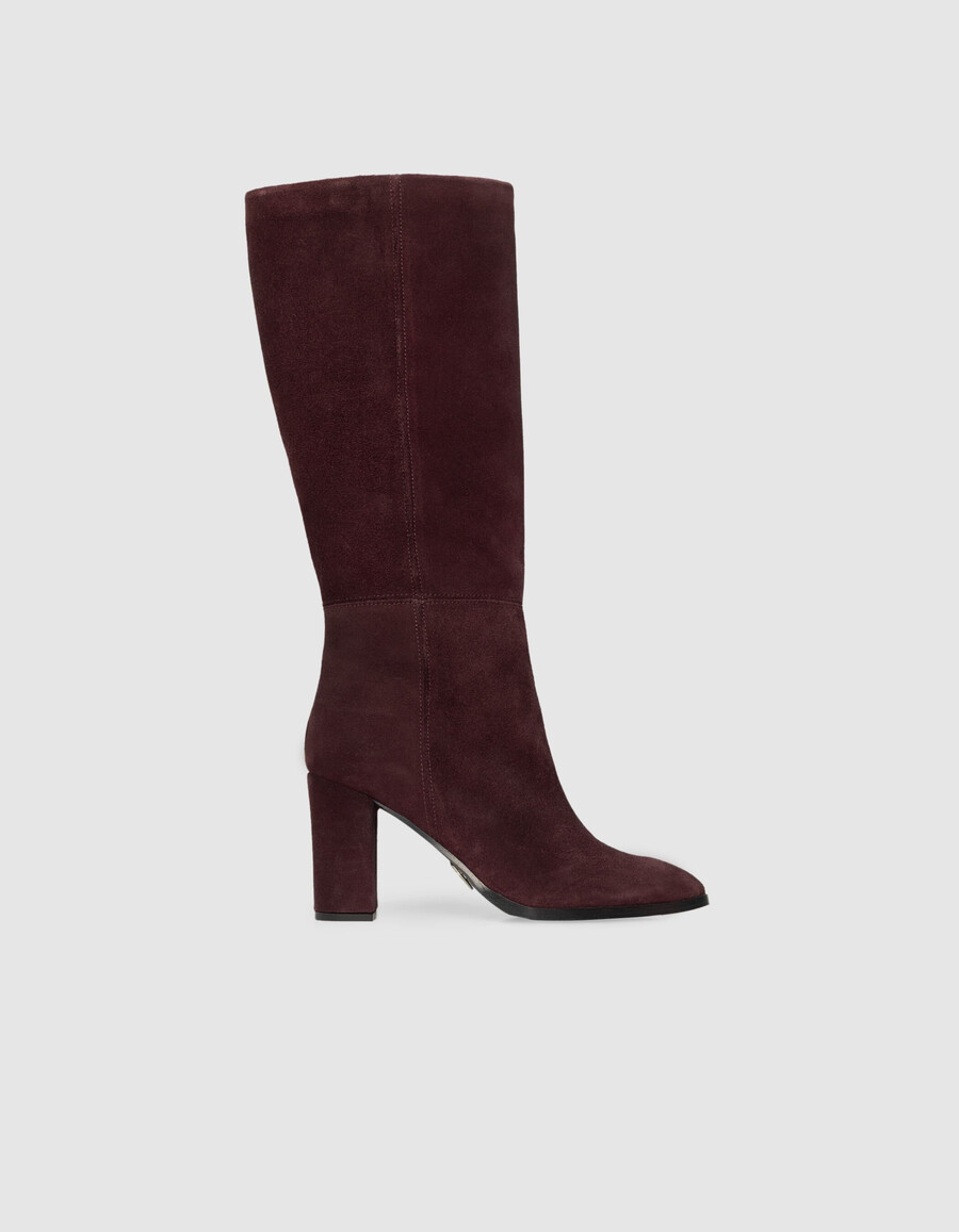 damen-wildlederstiefel mit absatz in burgunderrot
