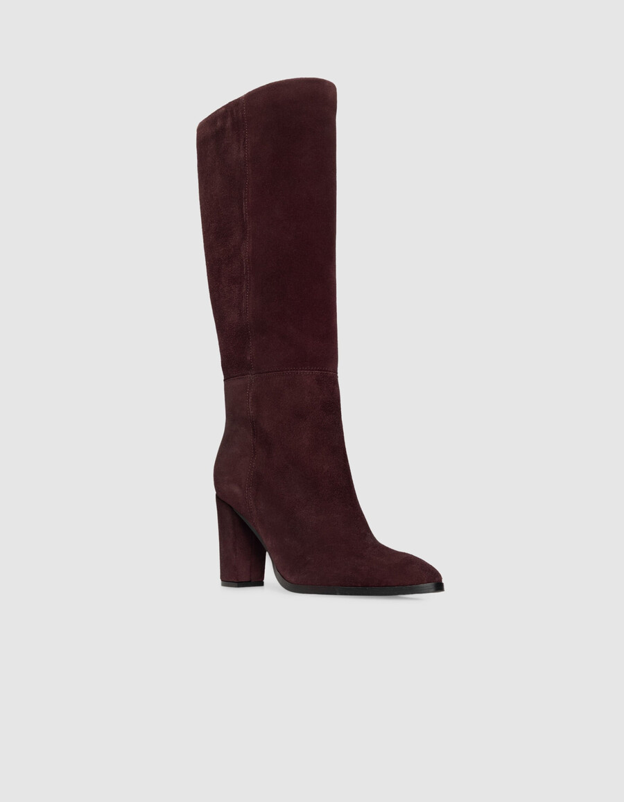 damen-wildlederstiefel mit absatz in burgunderrot