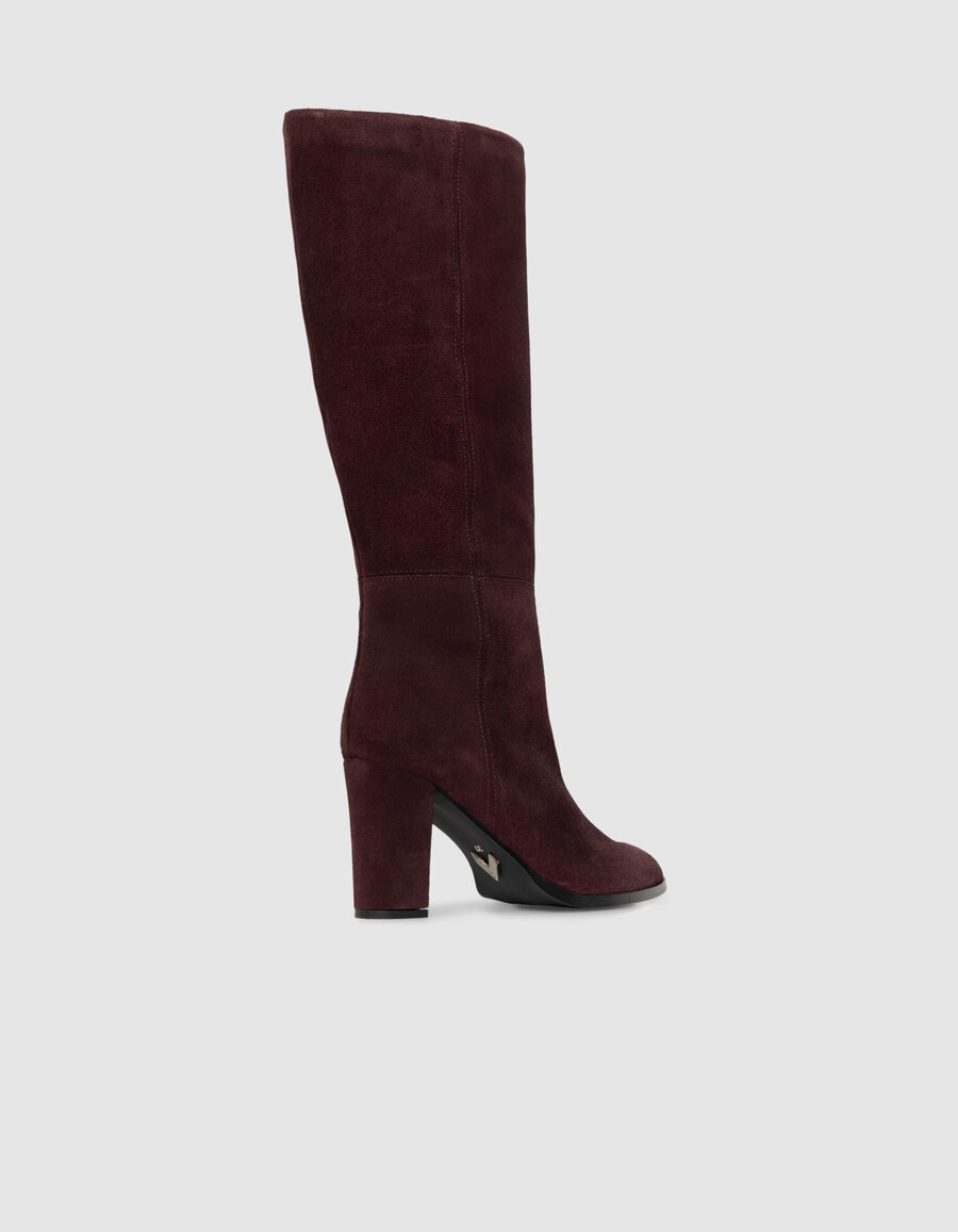 damen-wildlederstiefel mit absatz in burgunderrot