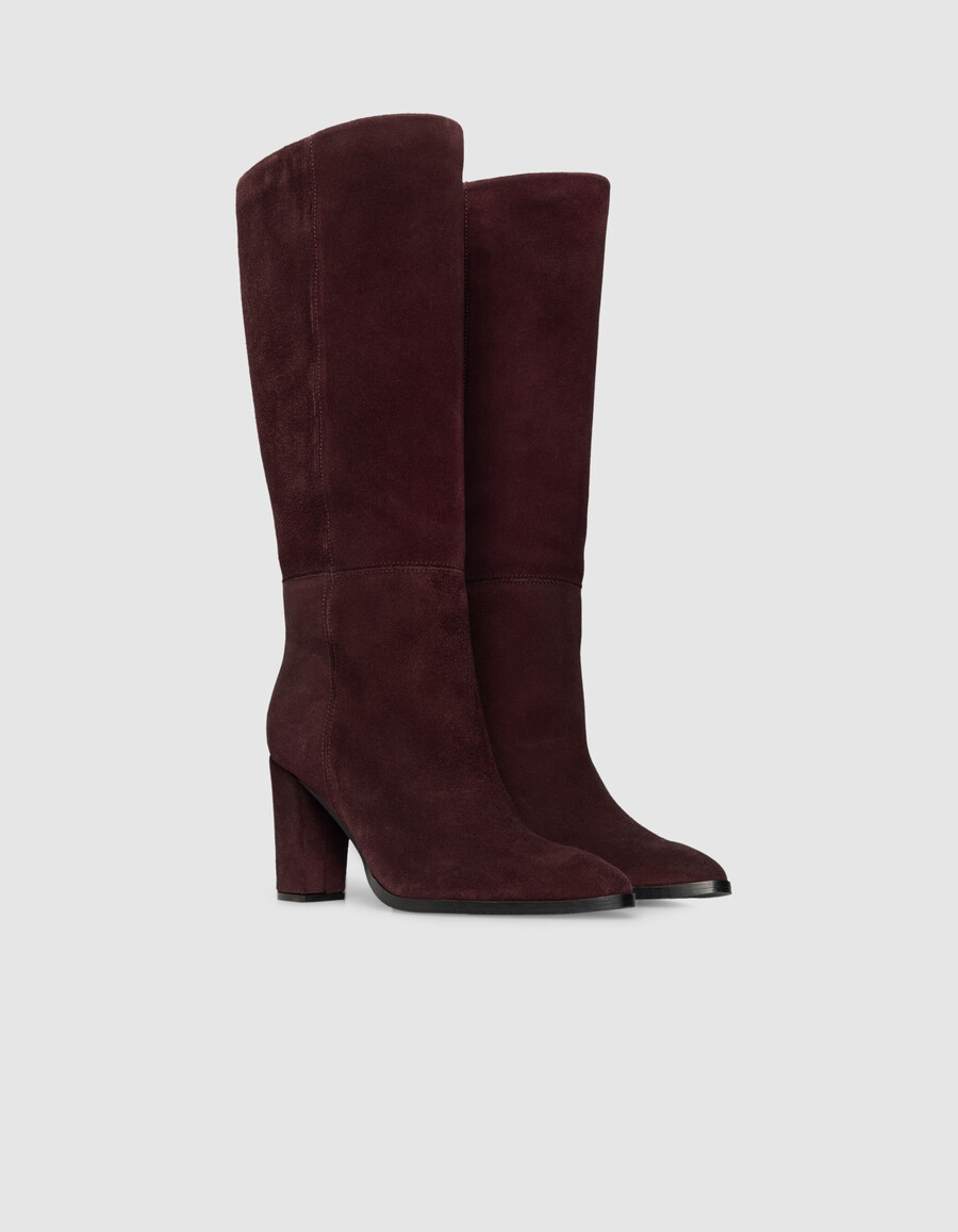 damen-wildlederstiefel mit absatz in burgunderrot