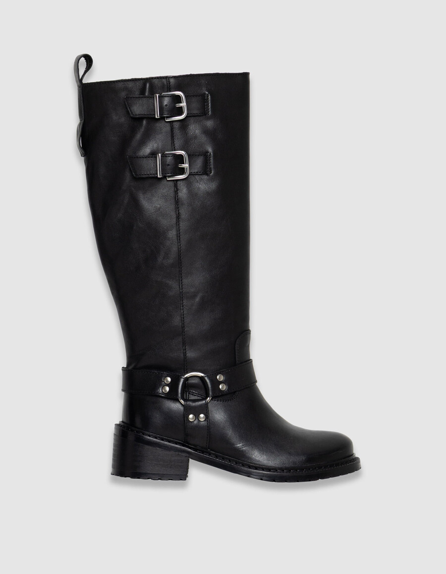 schwarze bikerstiefel aus leder für damen mit doppelschnalle