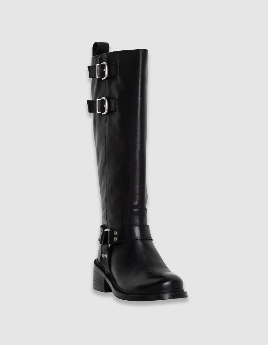 schwarze bikerstiefel aus leder für damen mit doppelschnalle