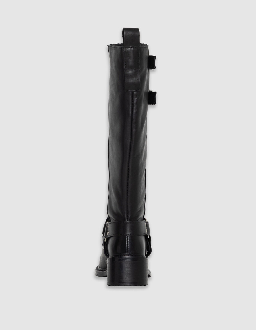 schwarze bikerstiefel aus leder für damen mit doppelschnalle