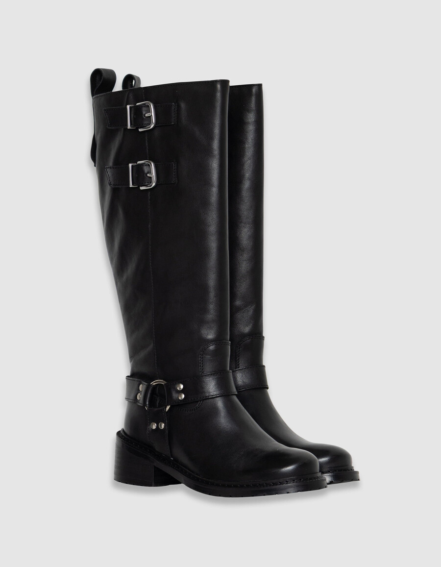 schwarze bikerstiefel aus leder für damen mit doppelschnalle
