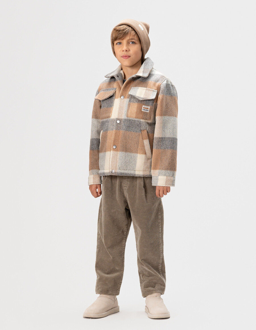 beige karierte jungenjacke aus wollstoff mit fellfutter