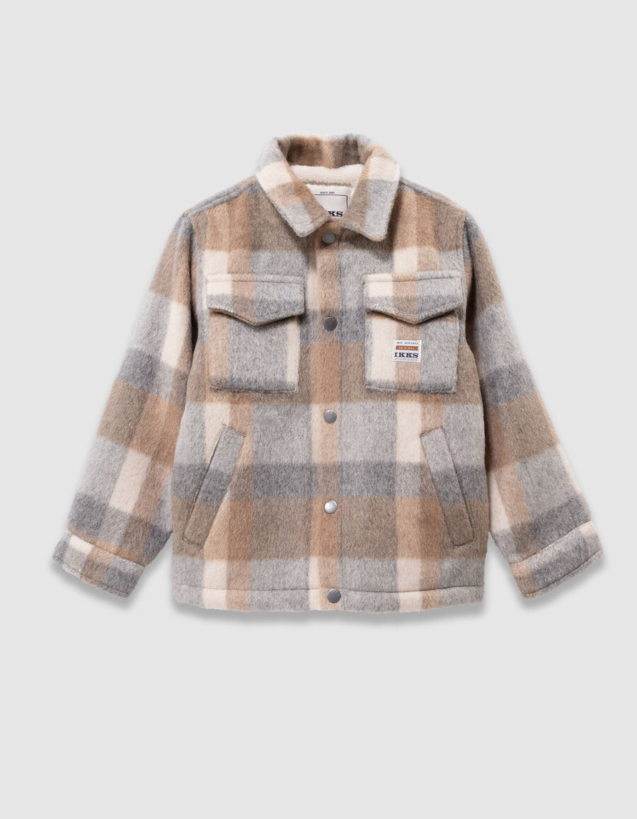 beige karierte jungenjacke aus wollstoff mit fellfutter