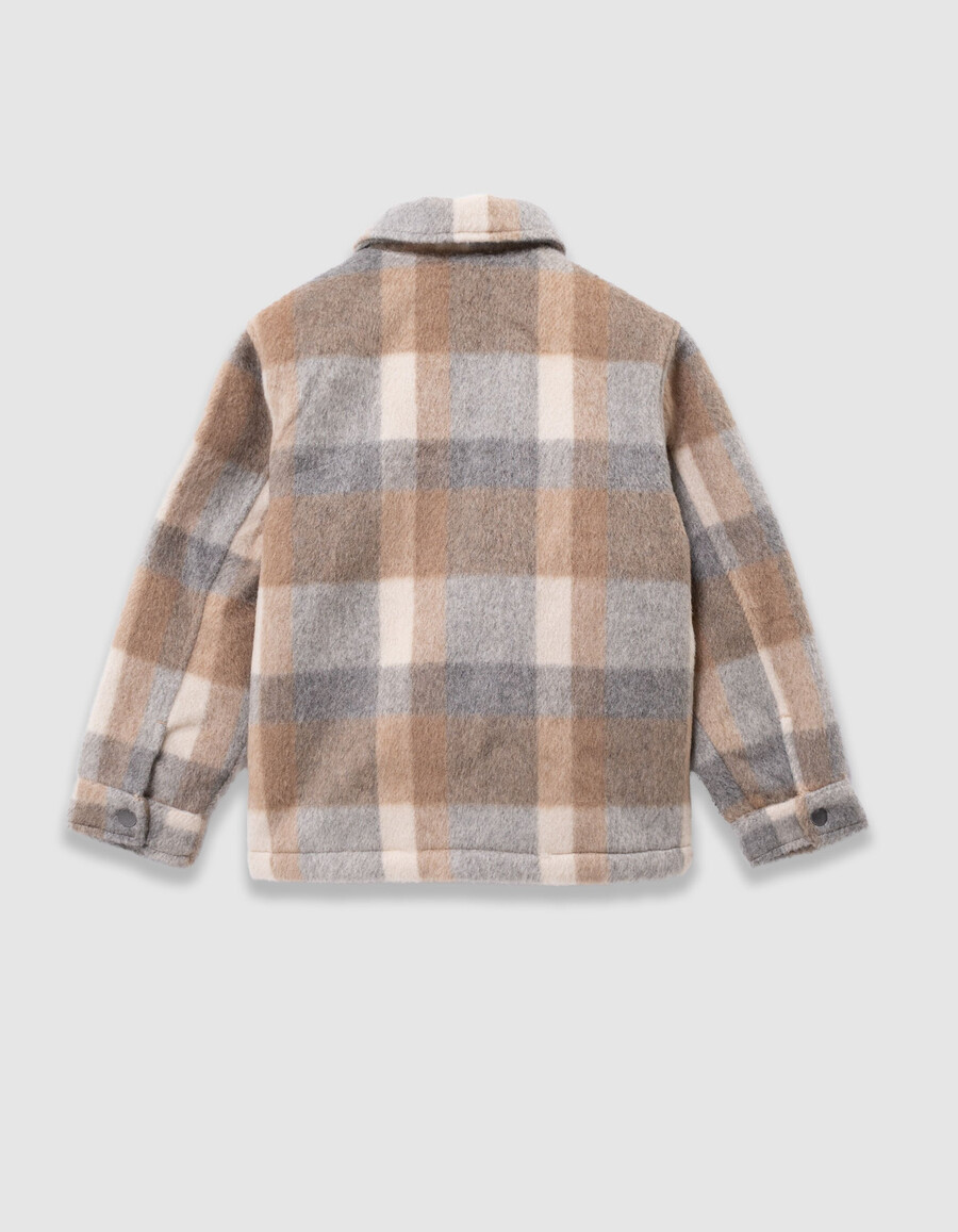 beige karierte jungenjacke aus wollstoff mit fellfutter