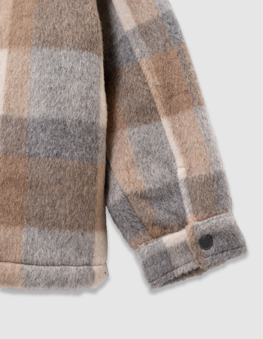 beige karierte jungenjacke aus wollstoff mit fellfutter