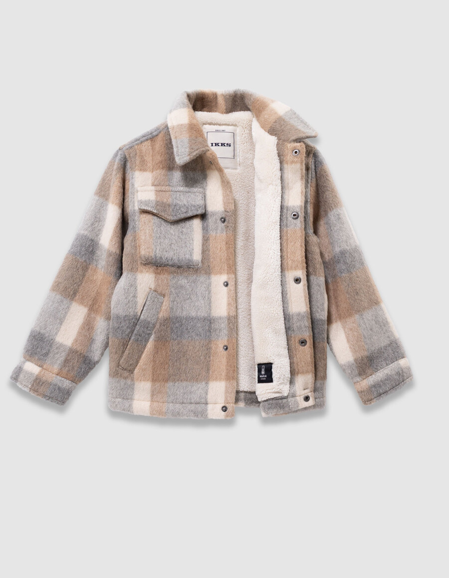 beige karierte jungenjacke aus wollstoff mit fellfutter