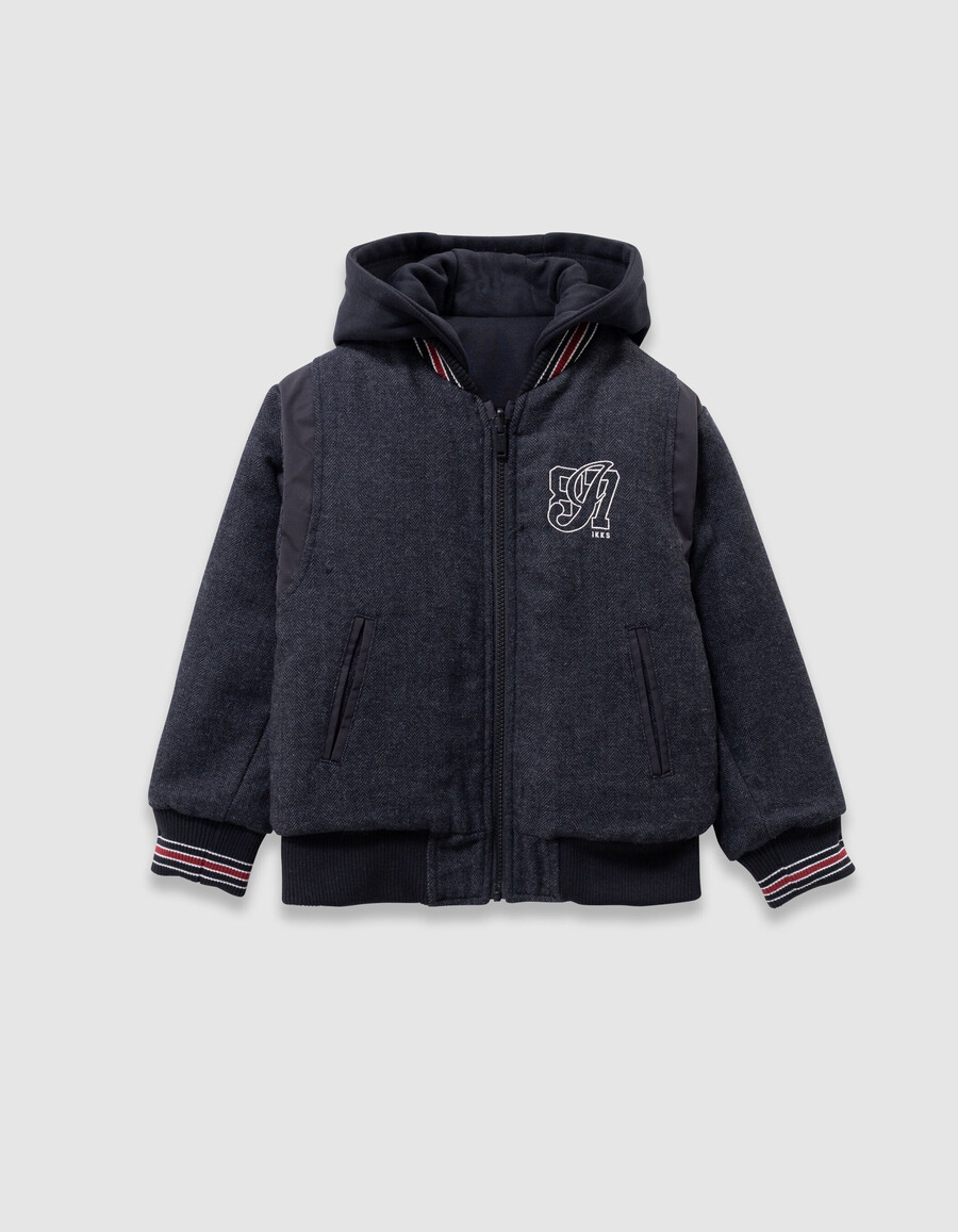 schwarze und graue wendbare collegejacke für jungen