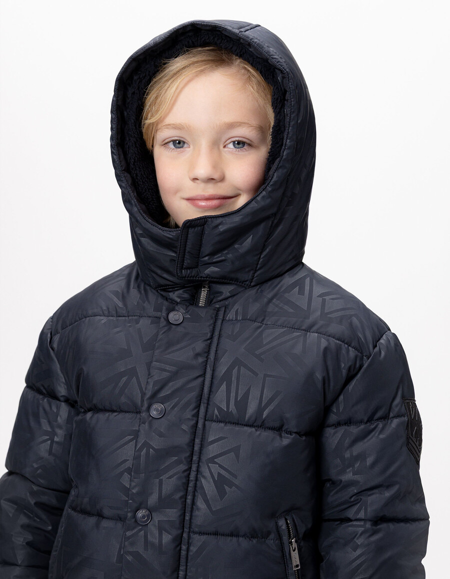 marineblaue steppjacke für jungen mit kapuze und gefüttertem fellmuster