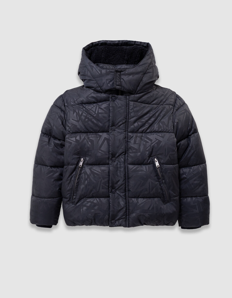 marineblaue steppjacke für jungen mit kapuze und gefüttertem fellmuster
